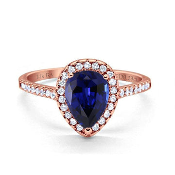 14K Rose Gold 1.48ct Teardrop Pear 8mmx6mm G SI Lab Blue Sapphire Diamond Engagement Wedding Ring Size 6.5